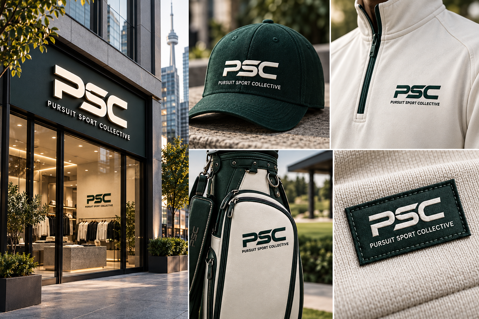 PSC logo applied to a Toronto storefront, cap, technical jacket, golf bag and woven apparel label